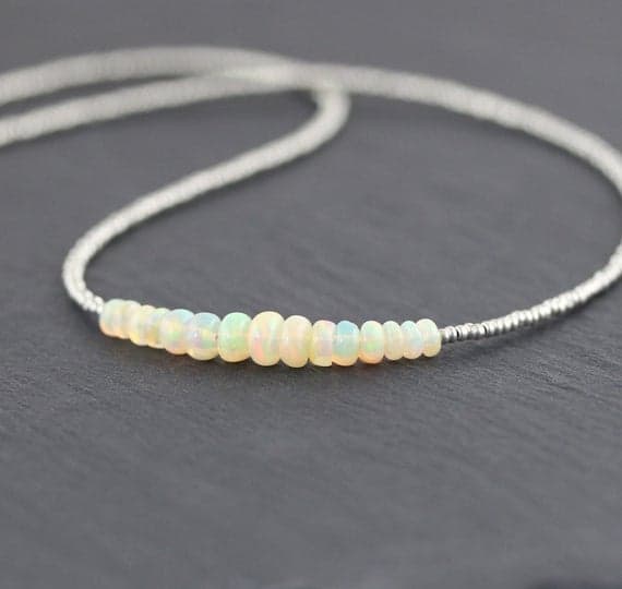 925 sterling Silver Grounding Silver Helling  3-5mm stacking White Ethiopian Welo Opal & Czech Charlotte Seed  Necklace Rondelle, Smooth 16" for mens, womens, gf, bf & Adult.