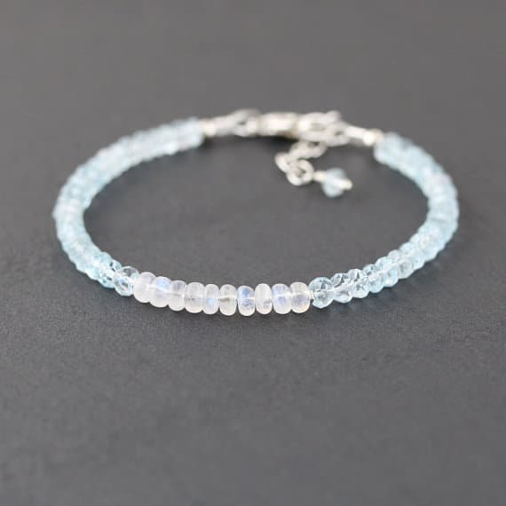 925 sterling Silver Rock Gift 3.5-4mm stacking Pink & White Rainbow Moonstone, Sky Blue Topaz Bracelet Rondelle, Faceted & Smooth 7" for mens, womens, gf, bf & Adult.