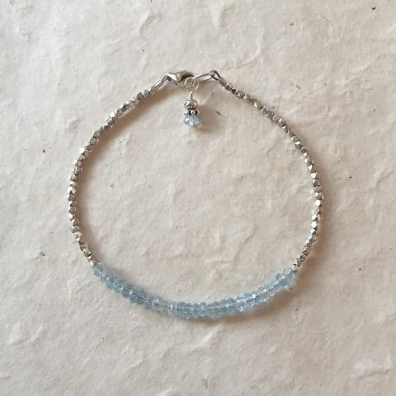Something Blue, Sky Blue Topaz Karen Hill Tribe Thai Silver Beaded Bracelet with Dangle, Sundance Style, Boho Stack Bracelet, Boho Chic 2-3 mm Code- WAR6417