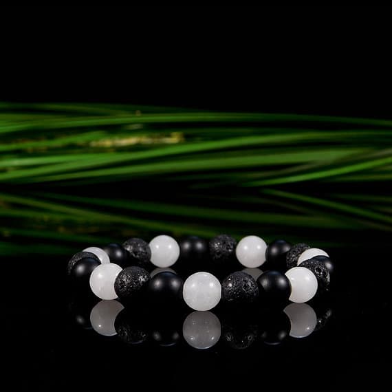 Anxiety Relief Calming 8mm Stretchable Black & White Quartz, Onyx, and Lava Rock Bracelet Round, Smooth 7" for mens, womens, gf, bf & Adult.