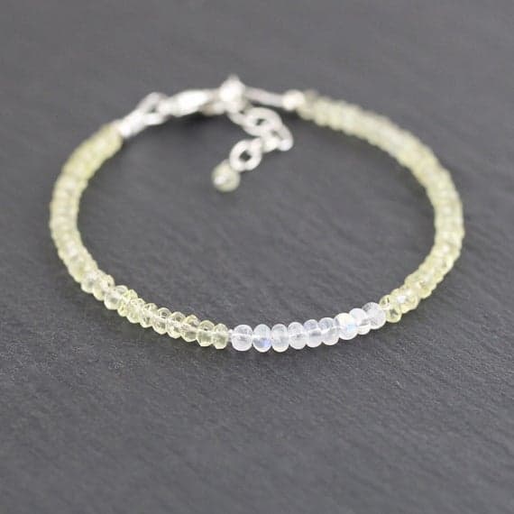 925 sterling Silver Dainty Slave Loose 3.5mm stacking Yellow Lemon Topaz & Rainbow Moonstone  Bracelet Rondelle, Faceted 7" for mens, womens, gf, bf & Adult.