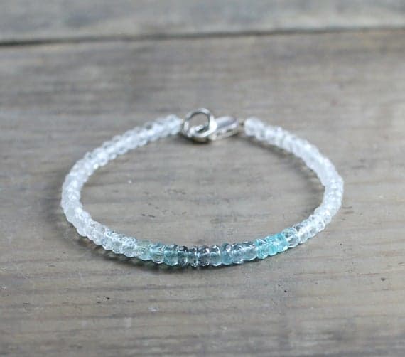 925 sterling silver Dainty Slave Loose 3.5mm Multi Colour White Topaz & Moss Aquamarine  stacking Bracelet Rondelle, Faceted 18cm for mens, womens, gf, bf and adults.
