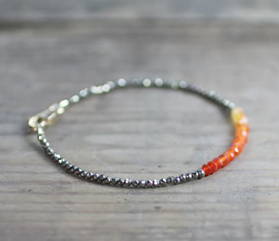 925 sterling Silver Handmade Beaded 2-3mm stacking Multi Ombre Carnelian & Pyrite Bracelet Rondelle, Faceted 7" for mens, womens.