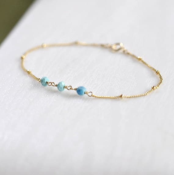 24k gold Plated Positive Energy 4mm stacking Blue Turquoise Bracelet Rondelle, Faceted 7" for mens, womens, gf, bf & Adult.