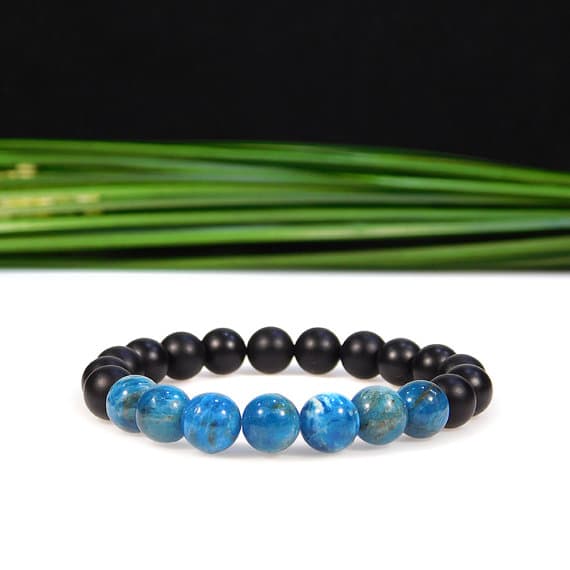 Handmade Beaded 8mm Stretchable black & Blue Blue Apatite and Matte Onyx Bracelet Round, Smooth 7" for mens, womens, gf, bf & Adult.