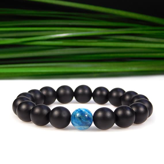 Rock Gift 10mm Stretchable black & Blue Blue Apatite and Matte Onyx  Bracelet Round, Smooth 7.5" for mens, womens, gf, bf & Adult.