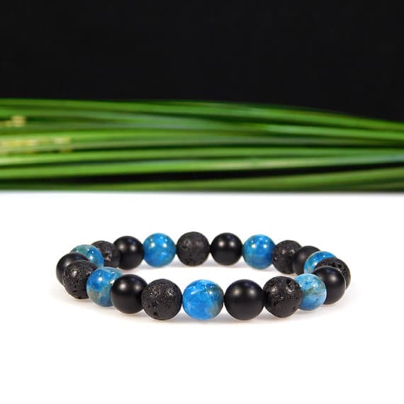 Anxiety Relief Calming 8mm Stretchable black & Blue Blue Apatite, Onyx and Lava Rock Bracelet Round, Smooth 7" for mens, womens, gf, bf & Adult.