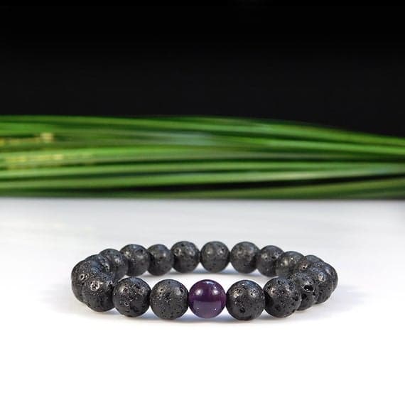 Dainty Slave Loose 8mm Stretchable Black & Purple Amethyst and Lava Bracelet Round, Smooth 7" for mens, womens, gf, bf & Adult.