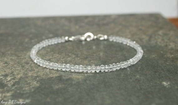 24k gold Plated Unique Wedding Gift 3mm stacking White Clear Quartz  Bracelet Rondelle, Faceted 7" for mens, womens, gf, bf & Adult.