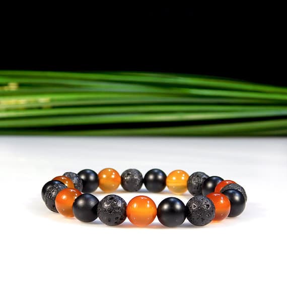 Anxiety Gemstone 8mm Stretchable Black & Orange Carnelian, Onyx, and Lava Rock Bracelet Round, Smooth 7" for mens, womens, gf, bf & Adult.