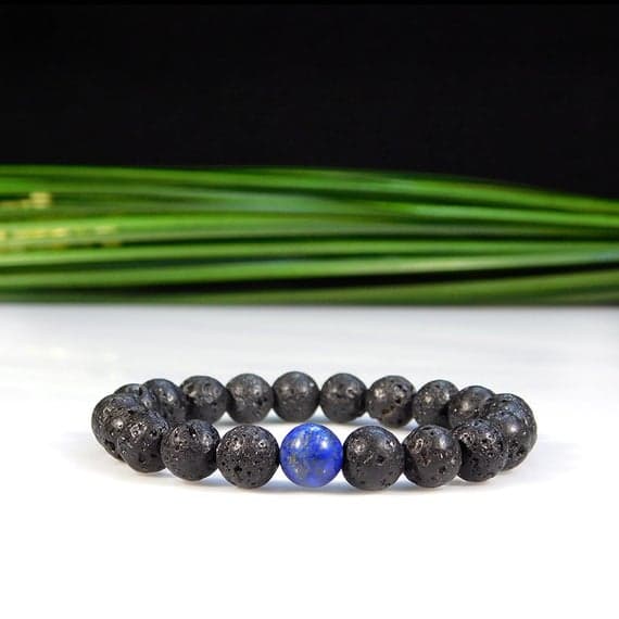 love beach youth 8mm Stretchable black & Blue Lapis Lazuli and Lava Rock Bracelet Round, Smooth 7" for mens, womens, gf, bf & Adult.