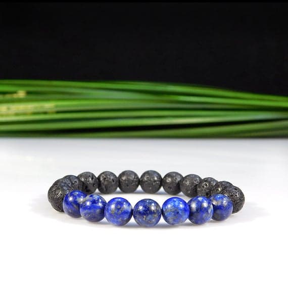 Grounding 8mm Stretchable black & Blue Lapis Lazuli and Lava Rock Bracelet Round, Smooth 7" for mens, womens, gf, bf & Adult.
