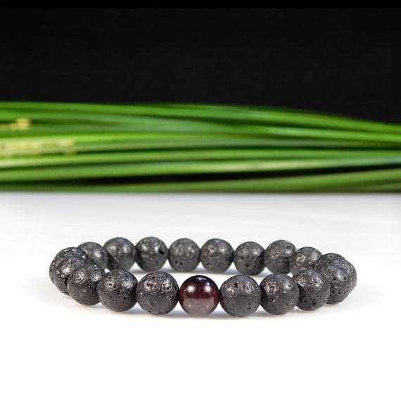 Handmade Beaded 8mm Stretchable Black & Red Garnet and Lava Rock  Bracelet Round, Smooth 7" for mens, womens, gf, bf & Adult.