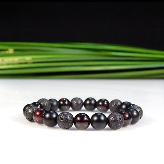 Galaxy Jewelry 8mm Stretchable Black & Red Garnet, Onyx, and Lava Rock Bracelet Round, Smooth 7" for mens, womens, gf, bf & Adult.