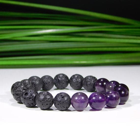 Unique Wedding Gift 10mm Stretchable Black & Purple Amethyst and Lava Rock  Bracelet Round, Smooth 7.5" for mens, womens, gf, bf & Adult.