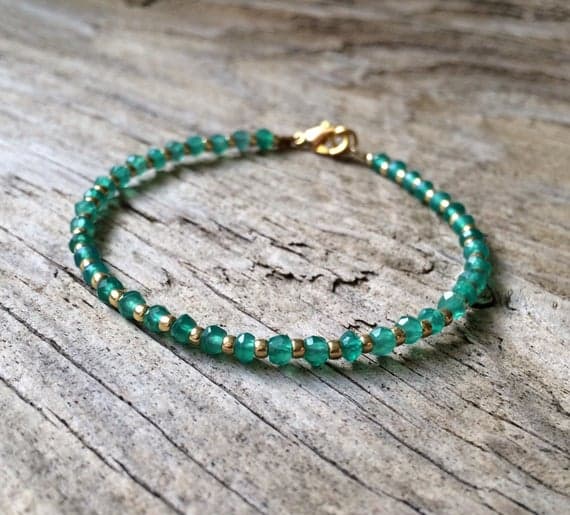 24k gold Plated Grounding 3-4mm stacking Green emerald onyx Bracelet Rondelle, Faceted 7" for mens, womens, gf, bf & Adult.