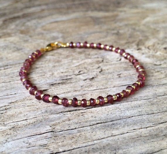 24k gold Plated top quality Gold Helling 3-4mm stacking Red Garnet Bracelet Rondelle, Faceted 7" for mens, womens, gf, bf & Adult.