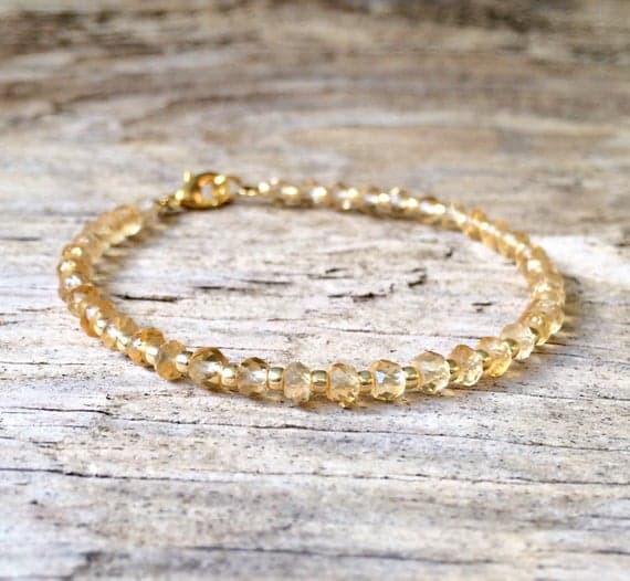 24k gold Plated Positive Energy Gold helling 3-4mm stacking Yellow citrine Bracelet Rondelle, Faceted 7" for mens, womens, gf, bf & Adult.