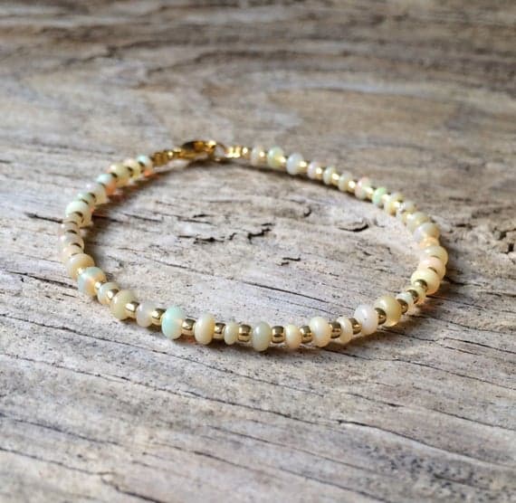 24k gold Plated Natural Gold Helling 5mm stacking White ethiopian opal  Bracelet Rondelle, Smooth 7" for mens, womens, gf, bf & Adult.