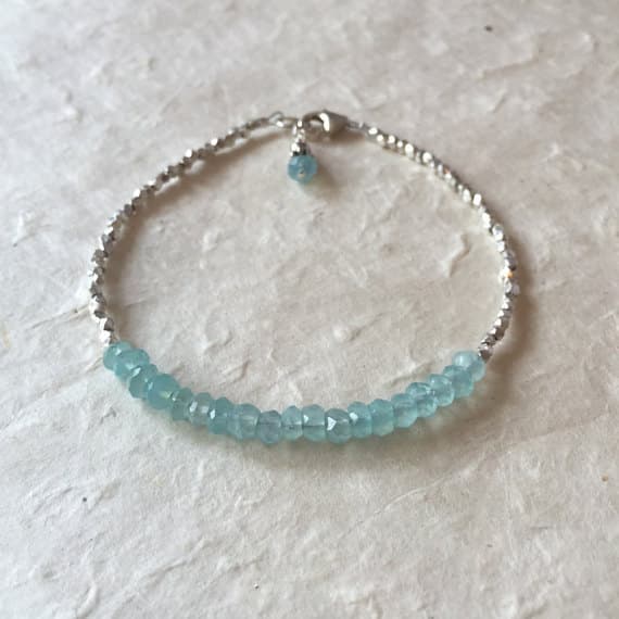 Chalcedony, Karen Hill Tribe Thai Silver Beaded Bracelet with Dangle, Sundance Style, Something Blue, Bridal Bracelet, Boho Stack Bracelet 3-4mm Code- WAR6439