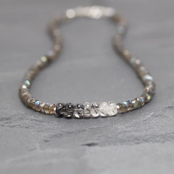 925 sterling Silver Wholesale Silver helling 3.5-4mm stacking Black Black Rutilated Quartz & Labradorite Necklace Rondelle, Faceted 16" for mens, womens, gf, bf & Adult.