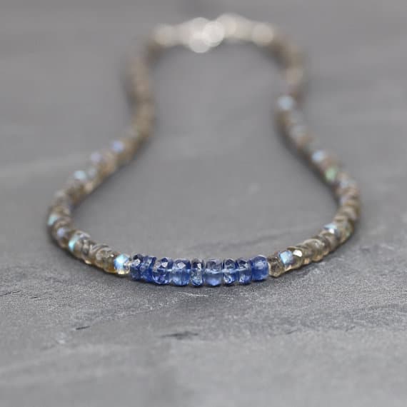 925 sterling Silver Artisan Loose Silver Helling 4.5mm stacking Blue & Gray Kyanite & Labradorite Necklace Rondelle, Faceted 16" for mens, womens, gf, bf & Adult.