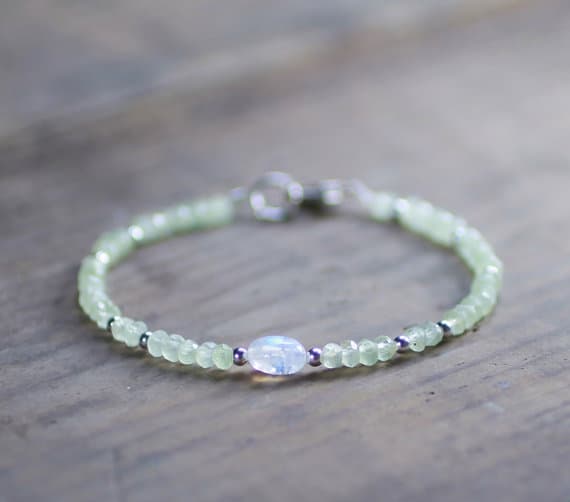 925 sterling silver Anxiety Relief Calming 3.5mm White Prehnite & Moonstone stacking Bracelet Rondelle, Faceted 18cm for mens, womens, gf, bf and adults.