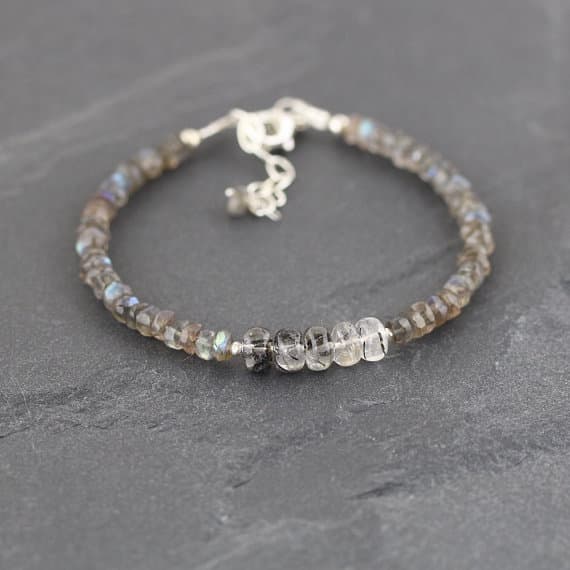 925 sterling Silver Unique Wedding Gift Silver Helling 4-6mm stacking Multi Labradorite & Black Rutilated Quartz  Bracelet Rondelle, Faceted 7" for mens, womens, gf, bf & Adult.