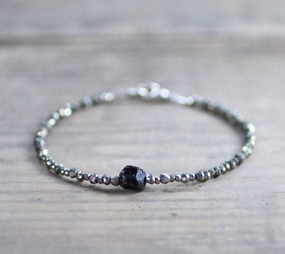 925 sterling silver Artisan Loose 2-2.5mm black Pyrite & Black Tourmaline  stacking Bracelet Fancy, Faceted 18cm for mens, womens, gf, bf and adults.