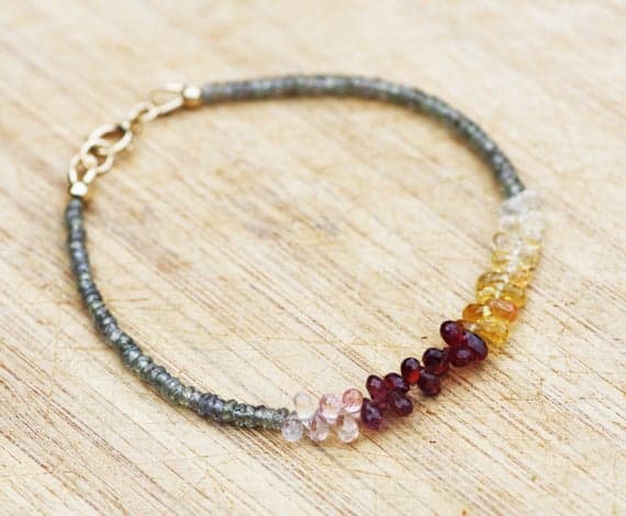 24k gold Plated good luck gift Gold Helling 4.5mm stacking Multi Sapphire Bracelet Drop & Rondelle, Faceted 7" for mens, womens, gf, bf & Adult.