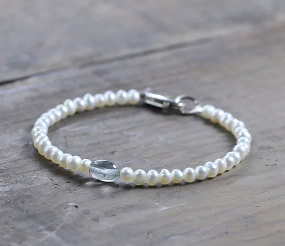 925 sterling silver love beach youth 3.5-4mm White Freshwater Pearl & Moss Aquamarine  stacking Bracelet Round, Smooth 18cm for mens, womens, gf, bf and adults.