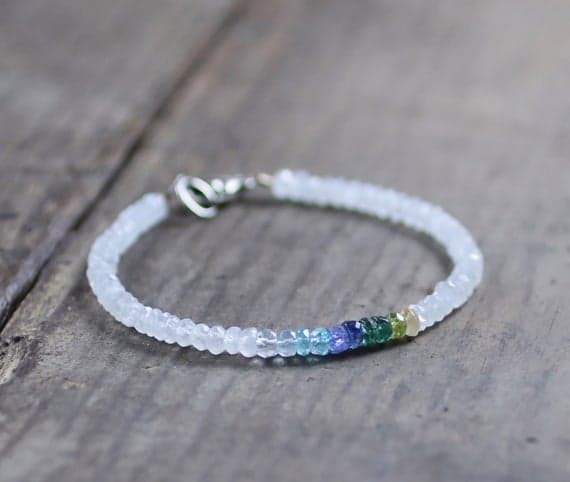 925 sterling silver Anxiety Gemstone 3.5mm Multi Colour Moonstone with Ombre Multicolor Gemstone stacking Bracelet Rondelle, Faceted 18cm for mens, womens, gf, bf and adults.