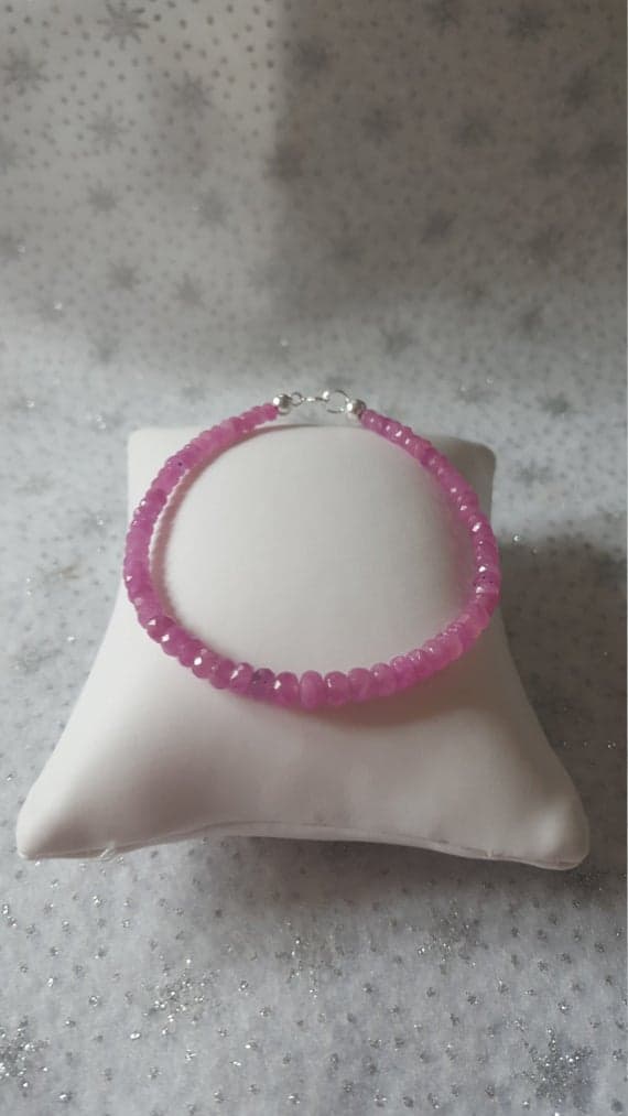 925 sterling Silver Dainty Slave Loose 6-7mm stacking Pink Pink Sapphire Bracelet Rondelle, Faceted 7" for mens, womens, gf, bf & Adult.