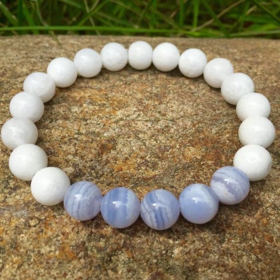 chakras simple 8mm Stretchable Blue & White Blue Lace Agate & White Onyx Bracelet Round, Smooth 7" for mens, womens, gf, bf & Adult.