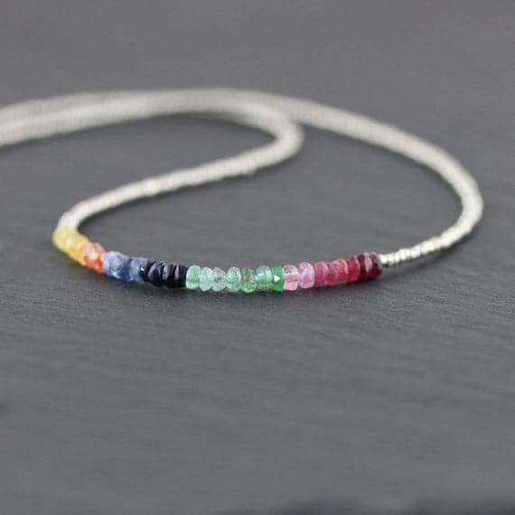 925 sterling Silver good luck gift 3-3.5mm stacking Multi Multi Colour Sapphire & Czech Charlotte Seed Necklace Rondelle, Faceted 16" for mens, womens, gf, bf & Adult.