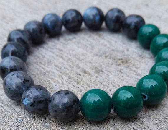 Anxiety Relief Calming 10mm Stretchable black & Green Black Labradorite & Mountain Jade Bracelet Round, Smooth 7.5" for mens, womens, GF, BF, Adults.