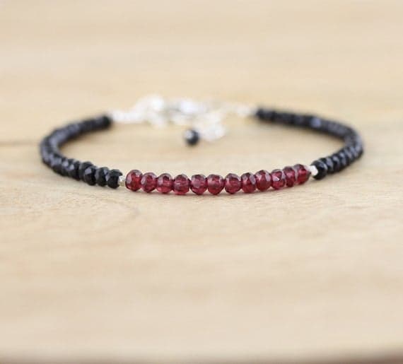 925 sterling Silver Super sale Silver Helling 4mm stacking Black & Red Rhodolite Garnet & Black Spinel  Bracelet Round, Faceted 7" for mens, womens, gf, bf & Adult.