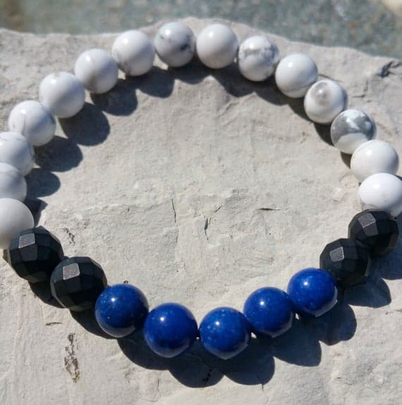 Anxiety Gemstone 8mm Stretchable Multi Howlite, Lapis Natural, & Black Onyx  Bracelet Round, Faceted & Smooth 7" for mens, womens.