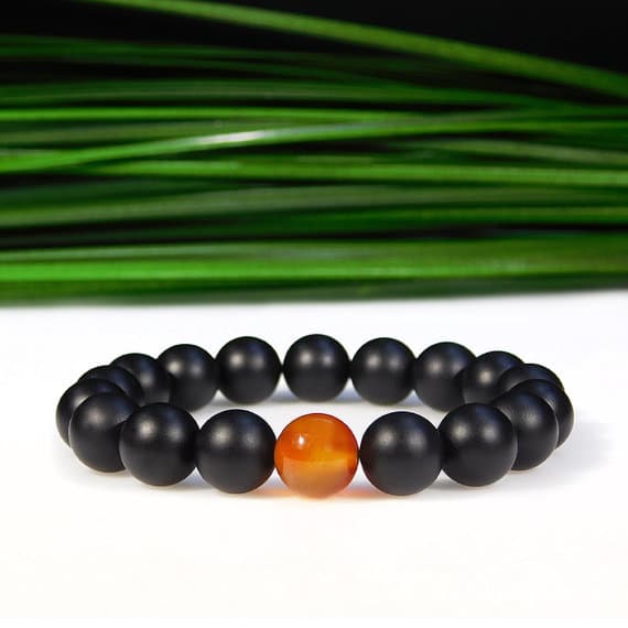Rock Gift 10mm Stretchable Black & Orange Carnelian and Matte Onyx Bracelet Round, Smooth 7.5" for mens, womens, gf, bf & Adult.