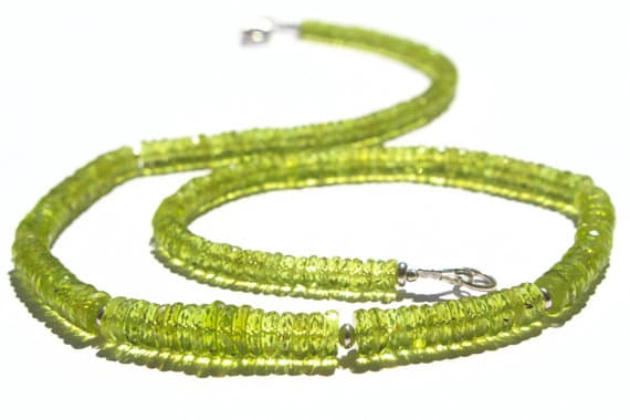 925 sterling Silver Dainty Slave Loose 4.5-7mm stacking Green green Peridot  Necklace Round, Faceted 17" for mens, womens.