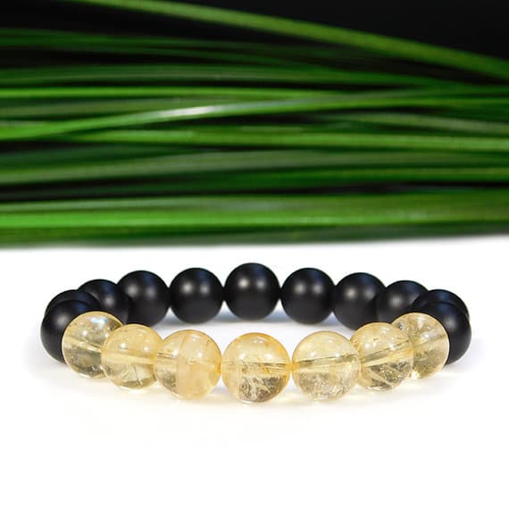 Grounding 10mm Stretchable Black & Yellow Citrine and Matte Onyx Bracelet Round, Smooth 7.5" for mens, womens, gf, bf & Adult.