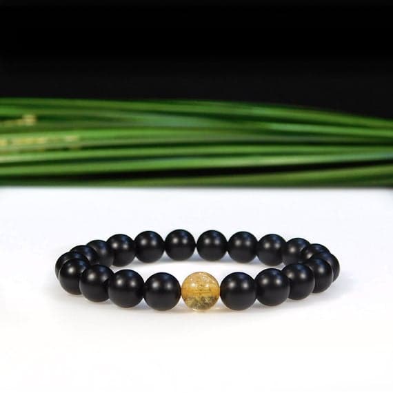 top quality 8mm Stretchable Black & Yellow Citrine and Matte Onyx Bracelet Round, Smooth 7" for mens, womens, gf, bf & Adult.