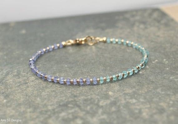 24k gold Plated Dainty Slave Loose Gold Helling  3mm stacking Blue & Green Tanzanite & Apatite Bracelet Rondelle, Faceted 7" for mens, womens, gf, bf & Adult.