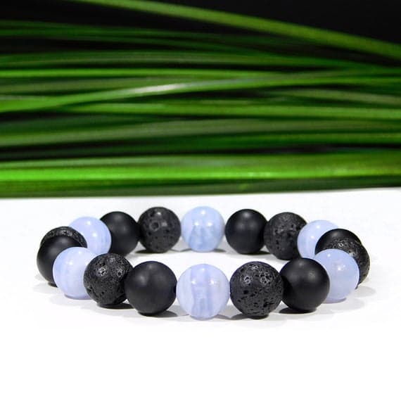 Artisan Loose 10mm Stretchable Blue & Black Blue Lace Agate, Onyx, and Lava Rock  Bracelet Round, Smooth 7.5" for mens, womens, gf, bf & Adult.
