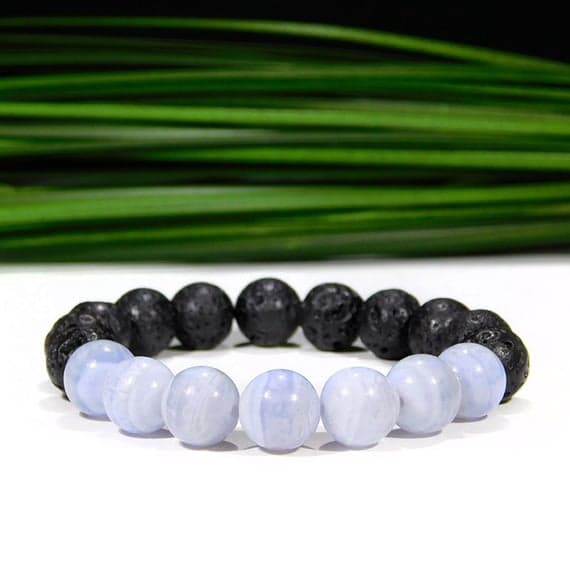 Anxiety Gemstone 10mm Stretchable Blue & Black Blue Lace Agate and Lava Rock Bracelet Round, Smooth 7.5" for mens, womens, gf, bf & Adult.