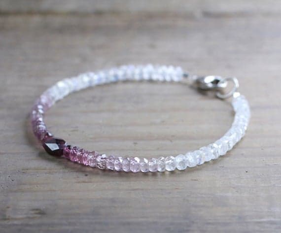 925 sterling silver Anniversary Gift 3.5mm Multi Colour Ombre Purple Spinel, Moonstone & Garnet stacking Bracelet Rondelle,Nugget, Faceted 18cm for mens, womens, gf, bf and adults.