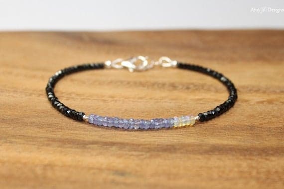 925 sterling Silver top quality Silver helling 3mm stacking Multi Tanzanite Opal and Black Spinel Bracelet Rondelle, Faceted 7" for mens, womens, gf, bf & Adult.