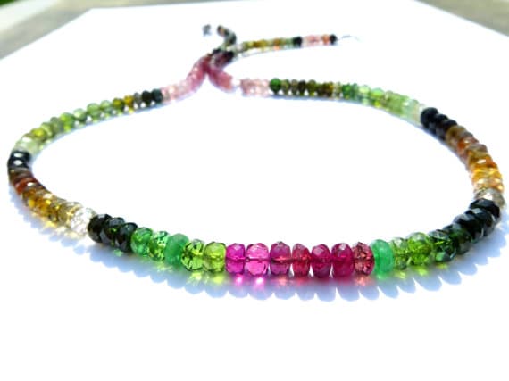 925 sterling Silver Handmade Beaded 5mm stacking Multi Multicolor tourmaline  Necklace Rondelle, Faceted 17" for mens, womens.