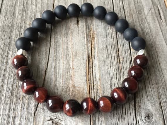 Rock Gift 8mm Stretchable red & Black Red Tiger Eye & Black Onyx Bracelet Round, Smooth 7" for mens, womens, GF, BF, Adults.