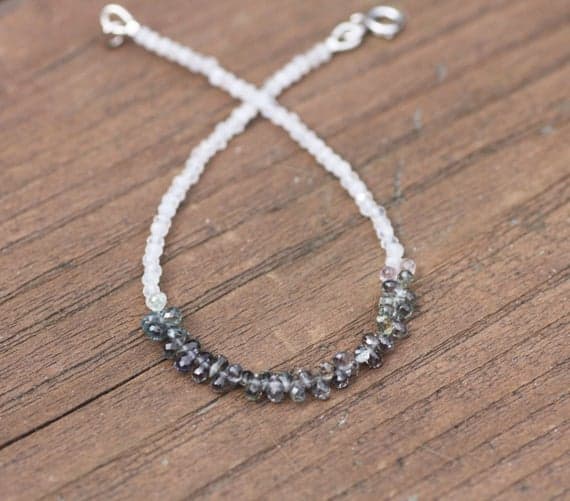 925 sterling Silver Artisan Loose 2.5-3mm stacking Green & White Tiny Green Natural Sapphire Briolette and Moonstone Bracelet Drop & Rondelle, Faceted & Smooth 7" for mens, womens, gf, bf & Adult.